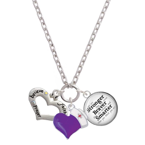 Delight Jewelry Silvertone Heart with 3 AB Crystals - Believe Faith Prayer - Purple Heart Nurse Strong Zoe Necklace