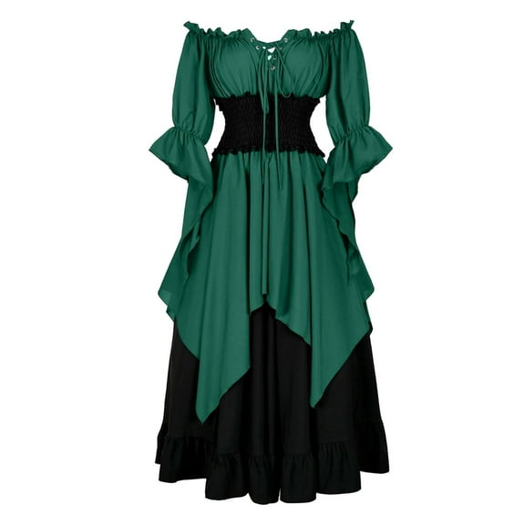 Wiyuqeen Medieval Irish Over Dress for Women Renaissance Off Shoulder Lace Up Maxi Dress Bell Sleeve Color Block Irregular Hem Dress