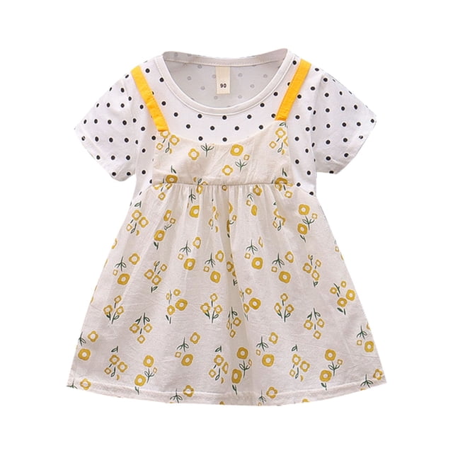 PEASKJP Robes de Mode pour Filles Tout-Petits Élégantes Manches Courtes Bouffantes Col Rond Décontracté Robe Trapèze, Jaune 100