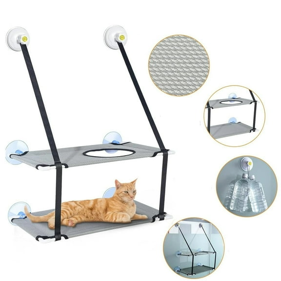 Leyeet Cat Window Perches 2 Layered Hammock Cat Bed up to 55 lb Can Be Installed on Small Window Soft Mats Stable Metal Frames Kitty Sunny Seat (Double Layers, Grey) (Cat Face)