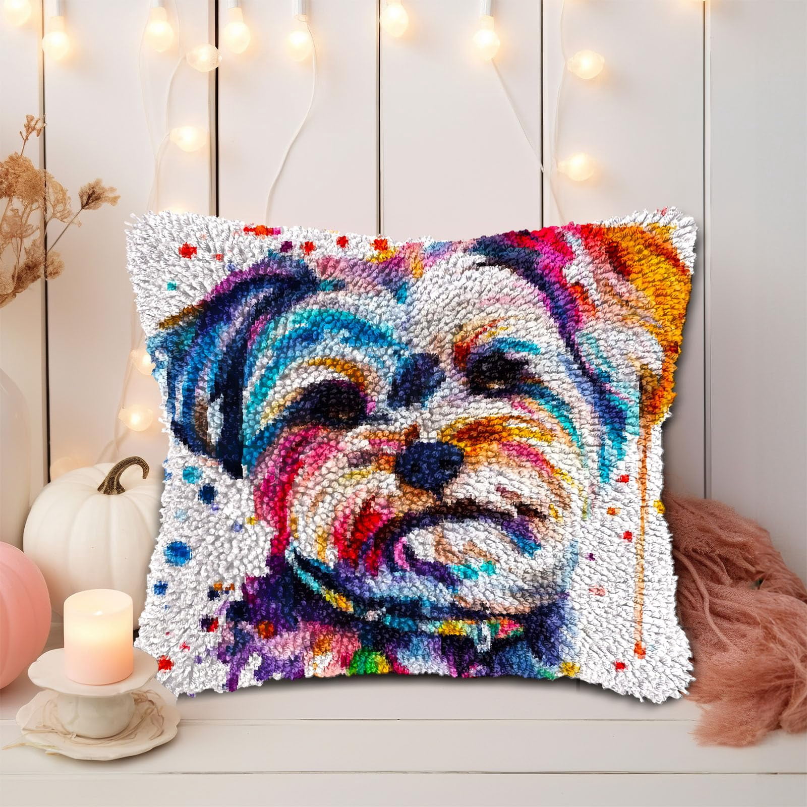 Colorful Cute Shih Tzu DIY Latch Hook Pillow Kits for Adults Printed Pillowcase Crochet Yarns Hooking Handmade Pillow Cover Cushion for Home Sofa Decoration 17x17inch