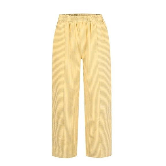 USNSM Summer Pants for Women Casual Stripe Print Trendy Pants Baggy Elastic Waist Straight Comfy Trousers with Pockets Yellow M
