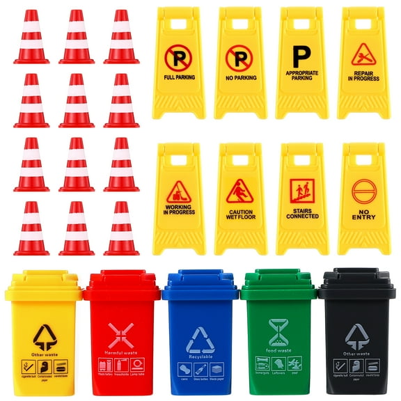 OUNONA 25-Piece Kids Traffic Signs Play Set with Road Warning Signs, Traffic Cones, and Trash Can Models for Learning