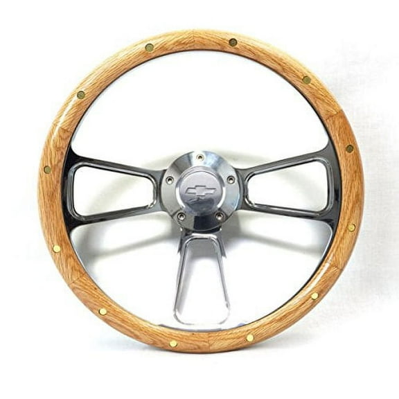 Steering Wheel Real Oak & Billet with Chevy Bowtie Horn button Full Kit