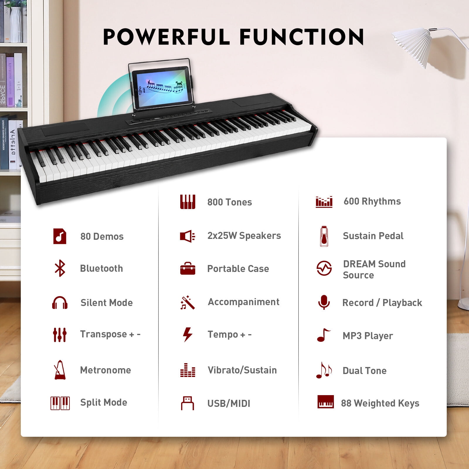 MUSTAR 88 Keys Full Size Weighted Hammer Action Digital Piano Electric Keyboard with MIDI,Stand,Sustain Pedal,Bench(Black)
