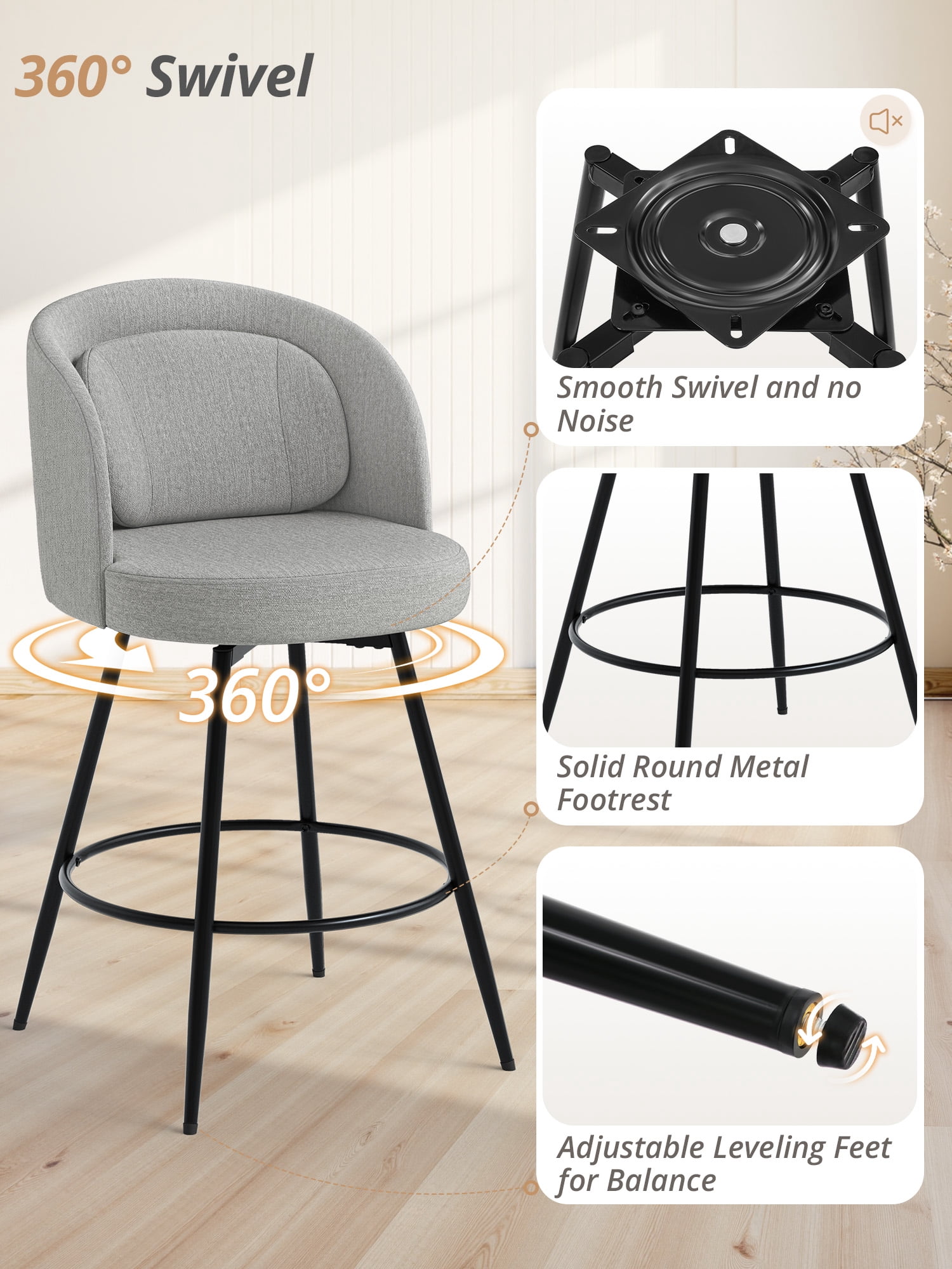 Carolayne 26.5" Swivel Bar Stools Set of 3, Modern Fabric Counter Height Bar stools with Back & Removable Cushion for Kitchen Island, Linen Grey