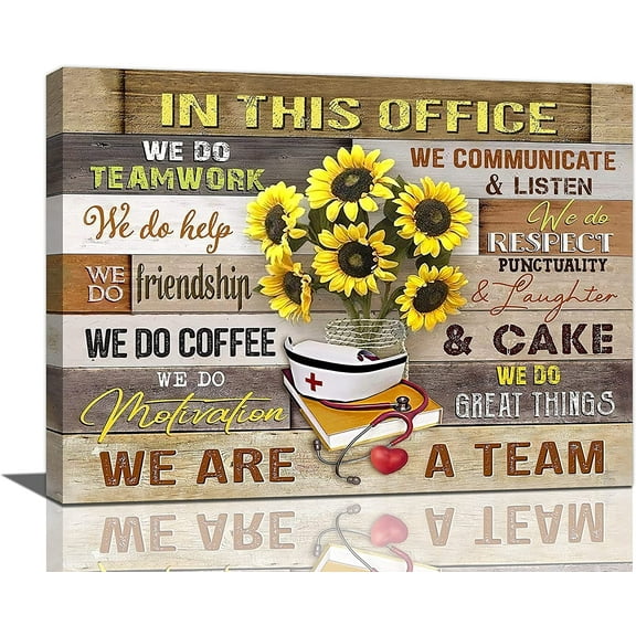 In This Office Nurse Wall Art Inspirational Quotes Therapist Medical Teamwork Nursing Gifts Sunflower Pictures Wall Decor We Are A Team Canvas Painting Prints Decorations Framed for School 16"x12"