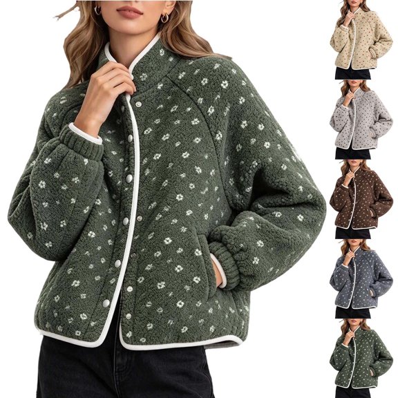 Tqcoqu Women's Fleece Jacket, Button Down Stand Collar Sherpa Jackets, Long Sleeve Contrast Quilted Outerwear,Women's,Size S-XXXL