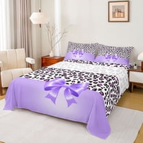 Homewish Leopard Print 3pcs Twin Sheet Sets For Teens Boys Girls,Kawaii Bow Twin Fitted Sheet,Black Purple Breathable Flat Sheet,Super Cozy Room Decor