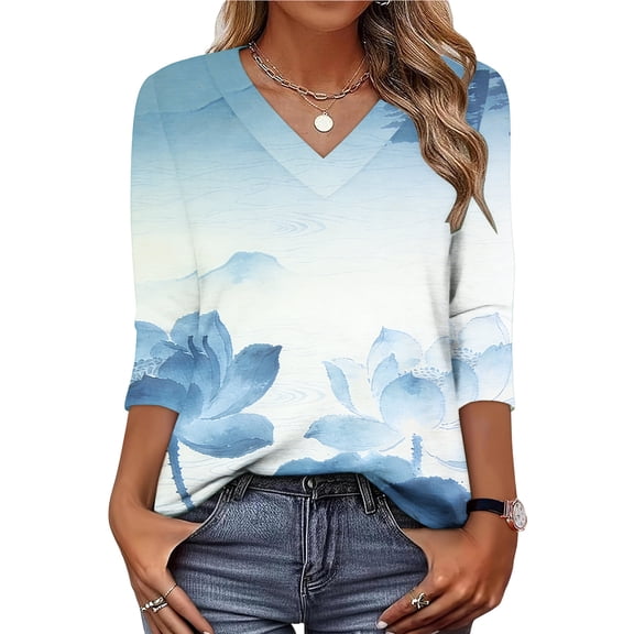 Xuyuer Womens Blouse Casual 3/4 Length Sleeve V Neck Basic T-Shirts Spring Summer Cute Tunic Tops Business Work Tees