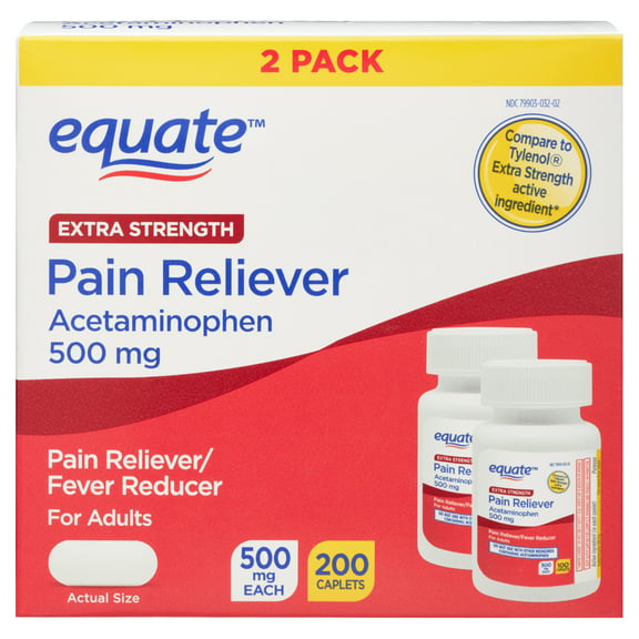 Equate Extra Strength Acetaminophen Pain Reliever Caplets, 500 mg, 200 Count, 2 Pack