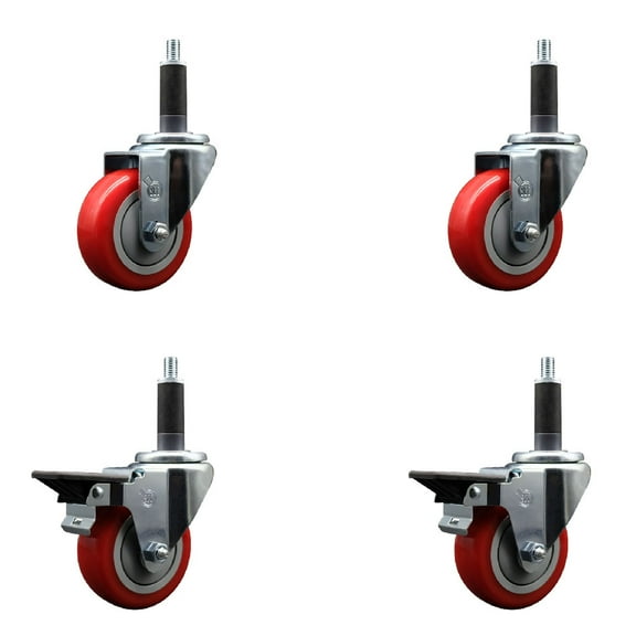 3.5 Inch Red Poly Wheel Swivel 1 Inch Expanding Stem Caster Set 2 Brakes SCC