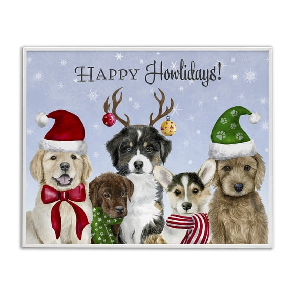 Stupell Industries - Happy Howlidays Seasonal Puppies White Framed Giclee Art, 30 x 24, Made In USA