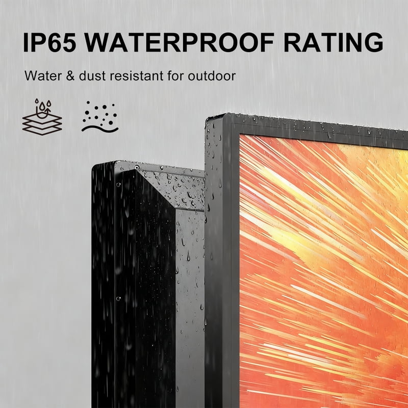 Fantasyview 65 Inch Outdoor TV, 4K UHD, 1000-Nit High Brightness, IP65 Weatherproof Smart TV, HDR10, Dolby Compatible Audio front and back view