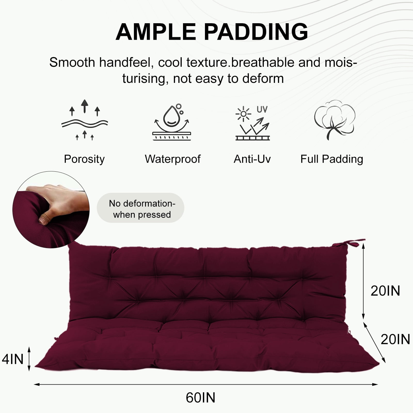 60in Outdoor Swing Cushions, Waterproof 4" Thick Porch Swing Cushion Replacement with Backrest and Ties, Comfortable 2-3 Seat Pation Swing Pad for Backyard, Garden, Lawn, Outdoor Furniture