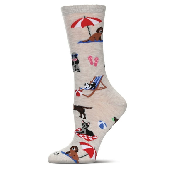 MeMoi Women's Dogs On Beach Bamboo Crew Socks - Womens - Female, 9-11, Ivory Heather