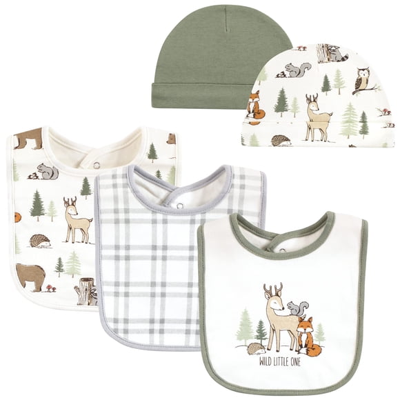 Set de babero y gorra de algodón Hudson Baby Forest Animals, talla única