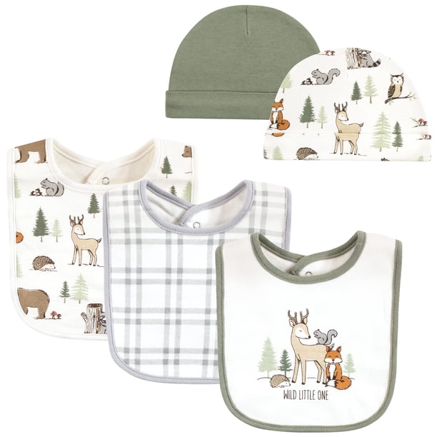 Set de babero y gorra de algodón Hudson Baby Forest Animals, talla única