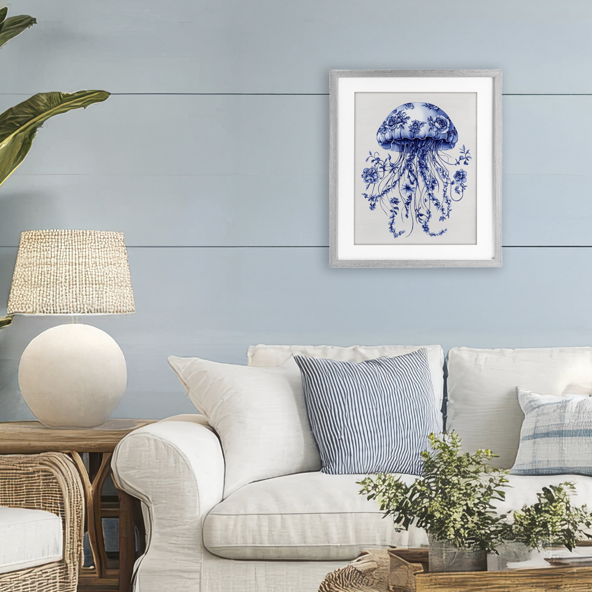 Funky Vintage Toile Jellyfish Gray Framed Print Under Glass, design by Lettered and Lined