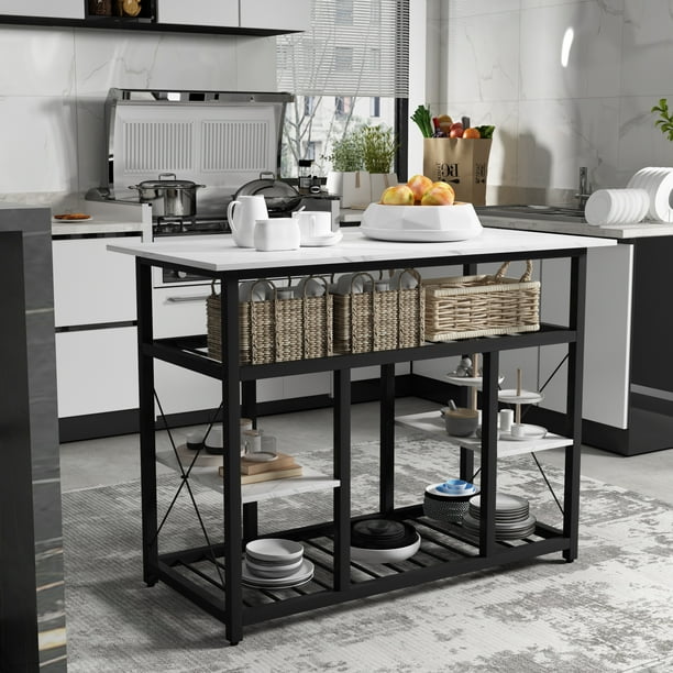 Multifunctional Counter Height Kitchen Dining Room Prep Table Island Rack With Large Worktop Console Side For Living Faux Marble Tabletop Com Multifunctional Counter Height Kitchen, Counter Height Kitchen Cart With Wheels