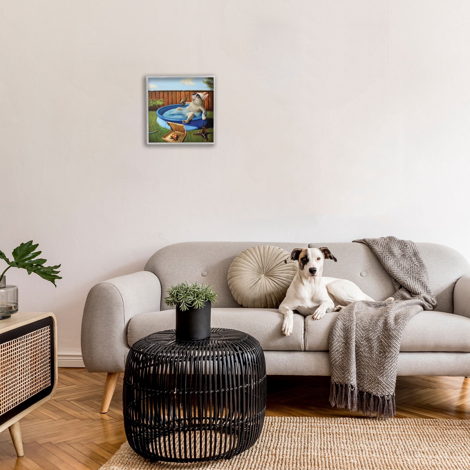 Stupell Industries Dog Drinking in Summer Pool Animals & Insects Painting Gray Framed Art Print Wall Art, 17 x 17