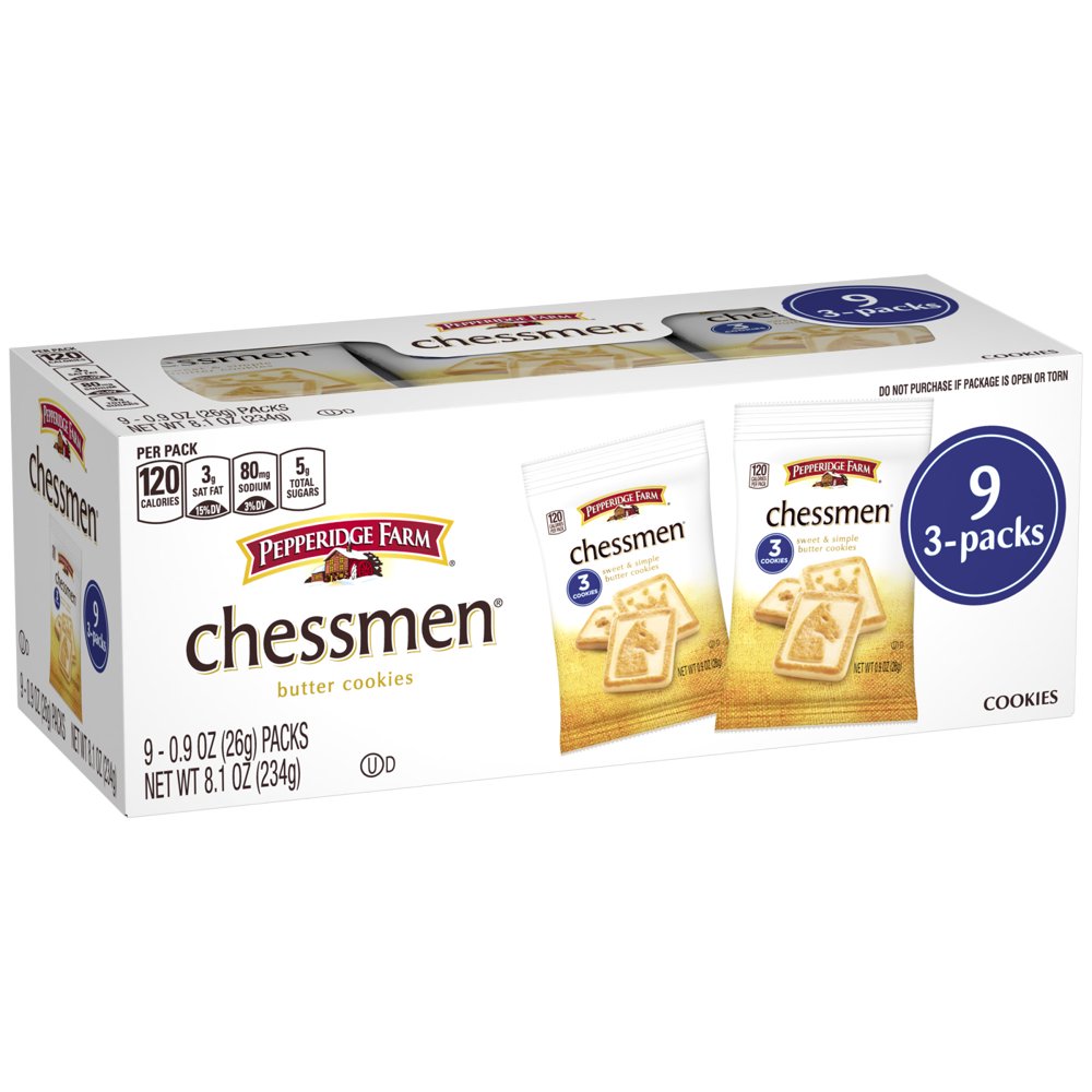 Chessmen Butter Cookies, 8.1oz Multipack Tray, 9ct Snack Packs
