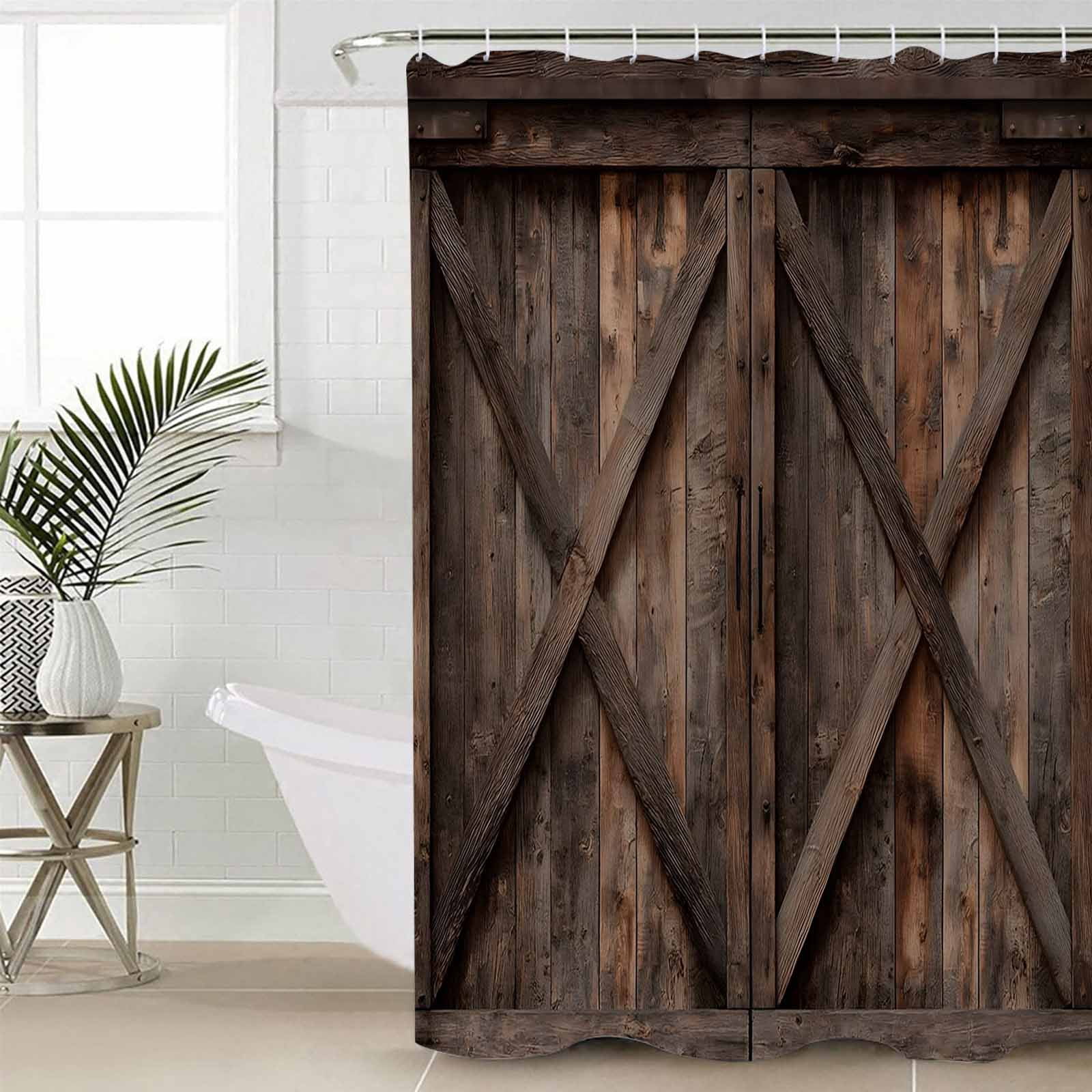 Farmhouse 4PCS Shower Curtains Set with Toilet Lid Cover Non-Slip Rugs, Brown Country Style Barn Door Distressed Wood Grain Waterproof Shower Curtain Set for Bathroom with 9 Hooks 36x72 In