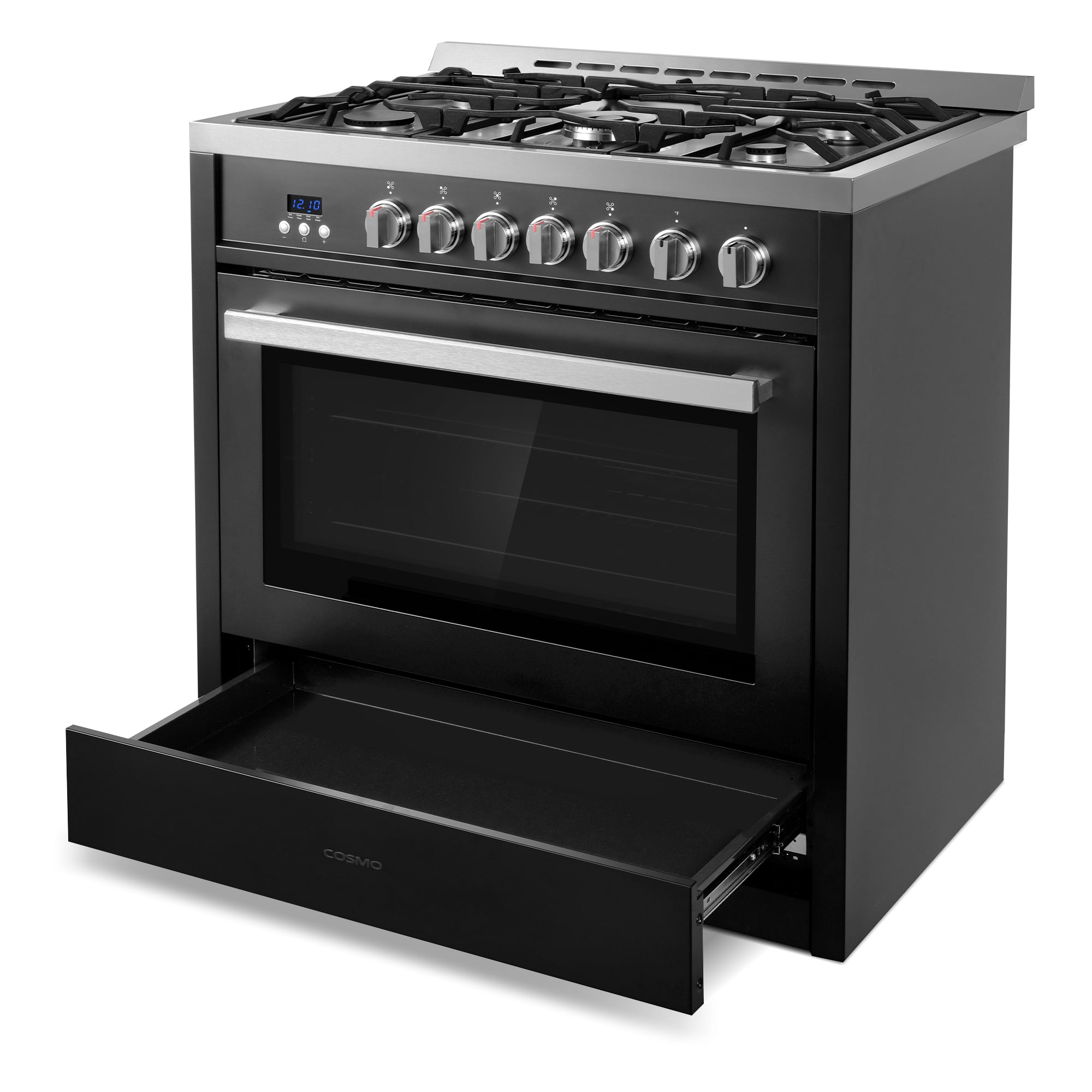 Cosmo 36 in. Nebula Collection 4.4 cu. ft. Gas Range, 5 Burners, Convection, Textured Handle, Matte Black