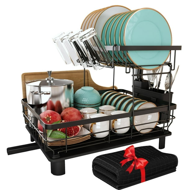 Escurridor de Trastes Acero Inoxidable de 2 Niveles para Encimera de Cocina con Drenaje, Escurridor de Platos con Soporte para Tazas, Utensilios, Tabla de Cortar y Alfombrilla de Secado