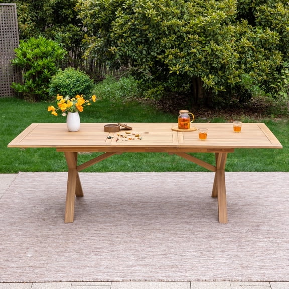 SUMMIT LIVING 100% Acacia Wood Expandable Outdoor Dining Table, Patio Oil Finished Natural Wood Table with Umbrella Hole, Suitable for 6-8 Person