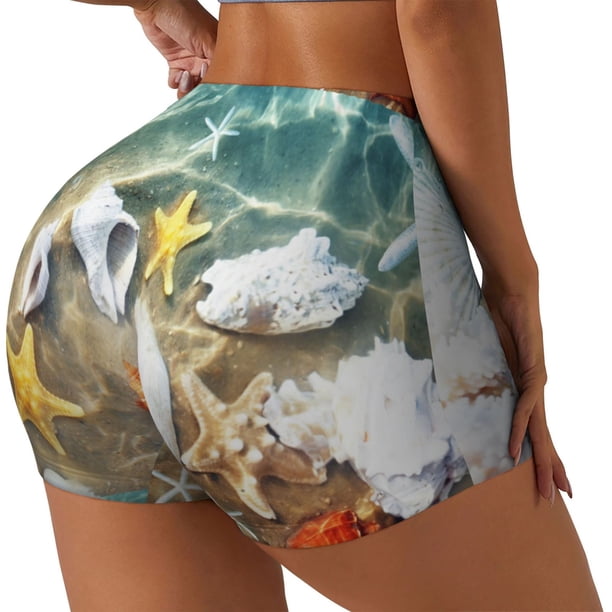 Fotbe Seashell On The Beach Shorts Sin Costuras – Shorts Deportivos de Cintura Alta para Mujer, Elásticos para Gimnasio, Yoga, Running o Ciclismo-Small