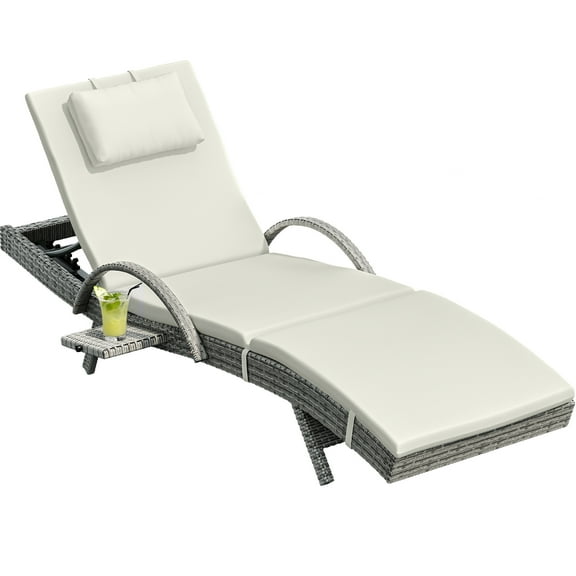 Dextrus Outdoor Wicker Chaise Lounge , Adjustable Rattan Poolside Recliners with Pull-Out Table, 5-Position Backrest, Cushions, and Armrests (Beige)
