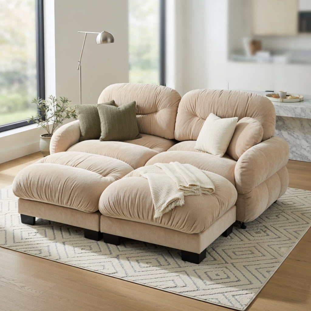 Hommoo Chenille 2-Seat Modular L-Shaped Sectional Sofa with Ergonomic Foam, Curved Armrests, 2 Ottomans & Throw Pillows, Pleated Back Design, Beige