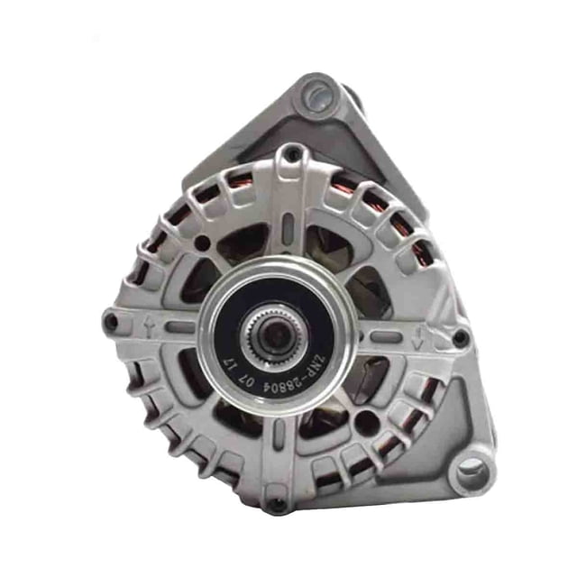 alternador chevrolet cruze 4cil 1.4 2014 sist valeo 130a 12V 130A alternador gris vista frontal centrada; carcasa metálica ventilada, bobinado de cobre visible, polea de 5 ranuras y montaje triangular con tres orificios de fijación; compatible OEM 440459/13581891, marca Total Parts. A menudo usado como repuesto de taller automotriz.