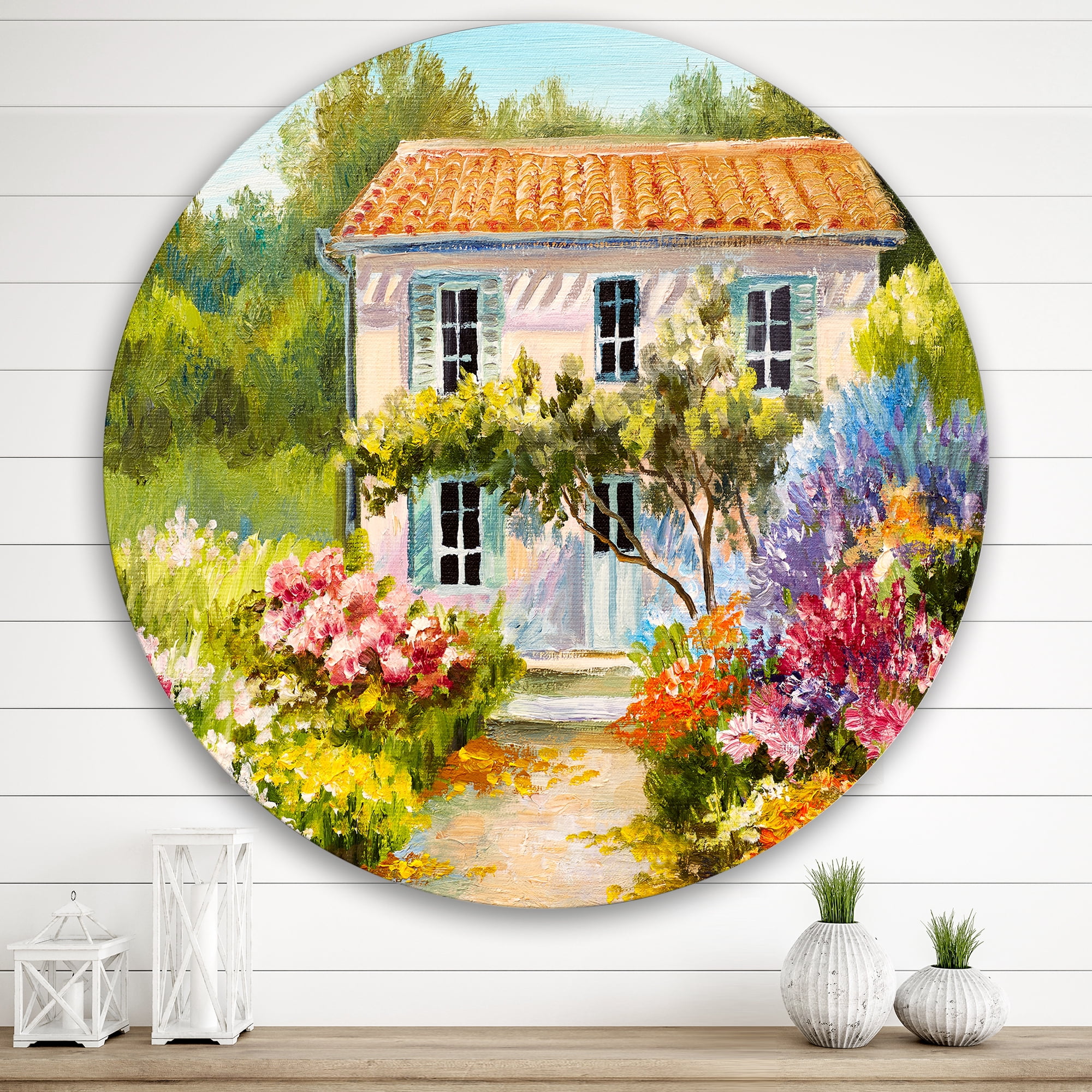 Designart 'The Mountain With Flowers With Little House II' Traditional Circle Metal Wall Art 29x29 - Disc of 29
