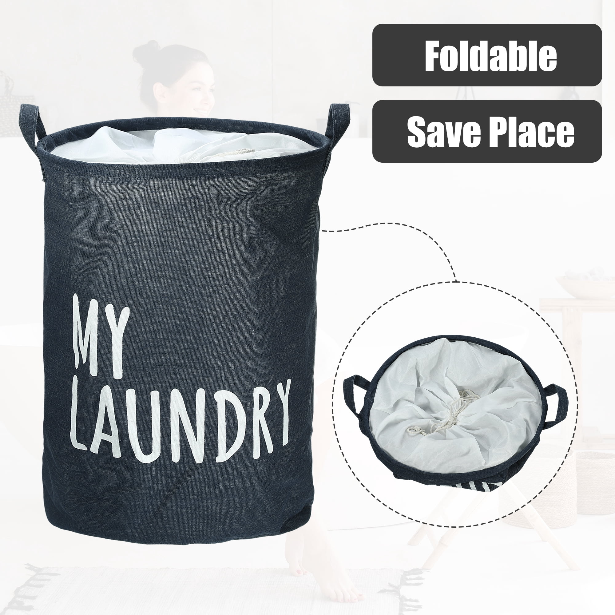 Unique Bargains Foldable Laundry Basket with Handle 1 Pc Navy Blue-15.75"x19.69"