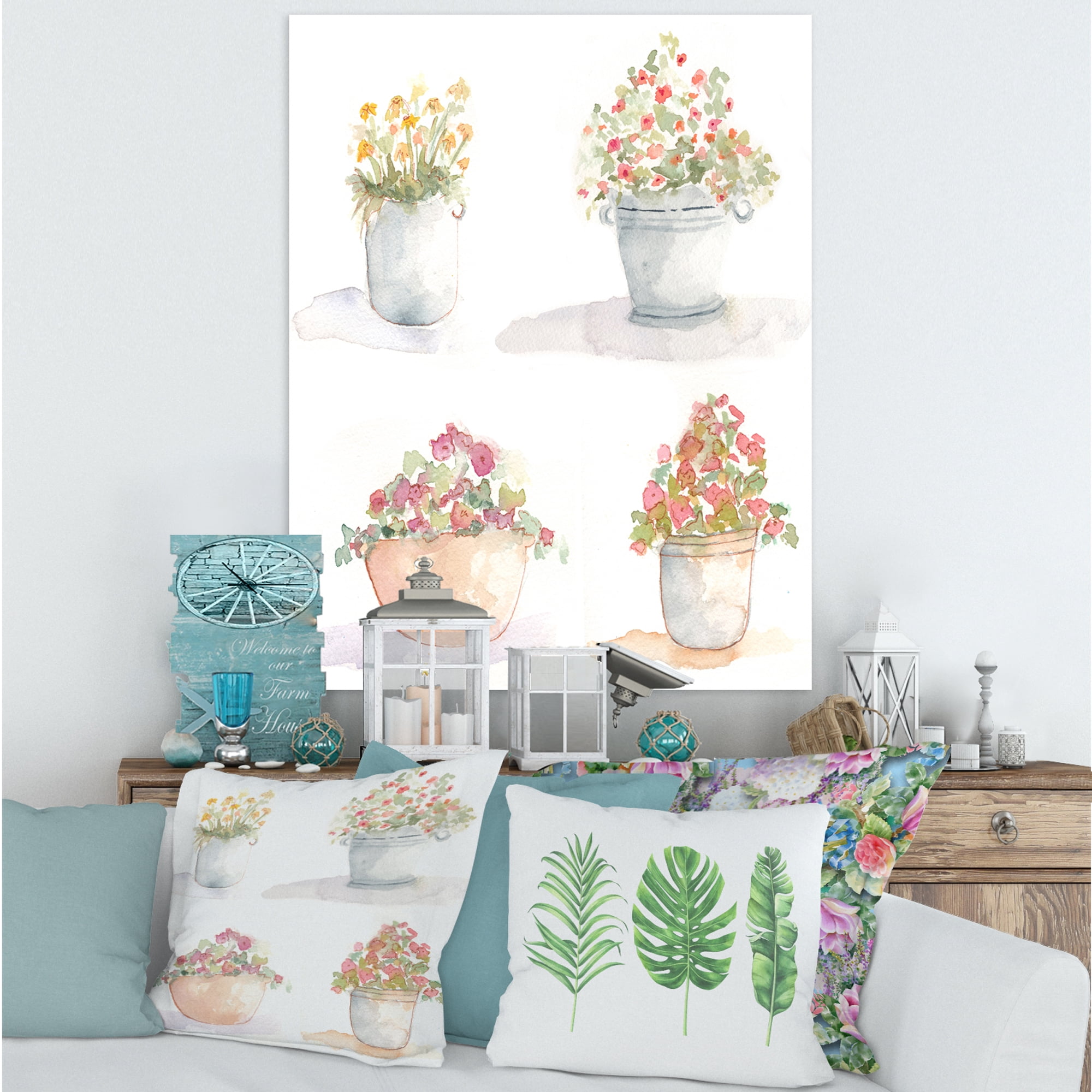 Designart ' Abstract Four Outdoor Flower Pots ' Traditional Canvas Wall Art Print