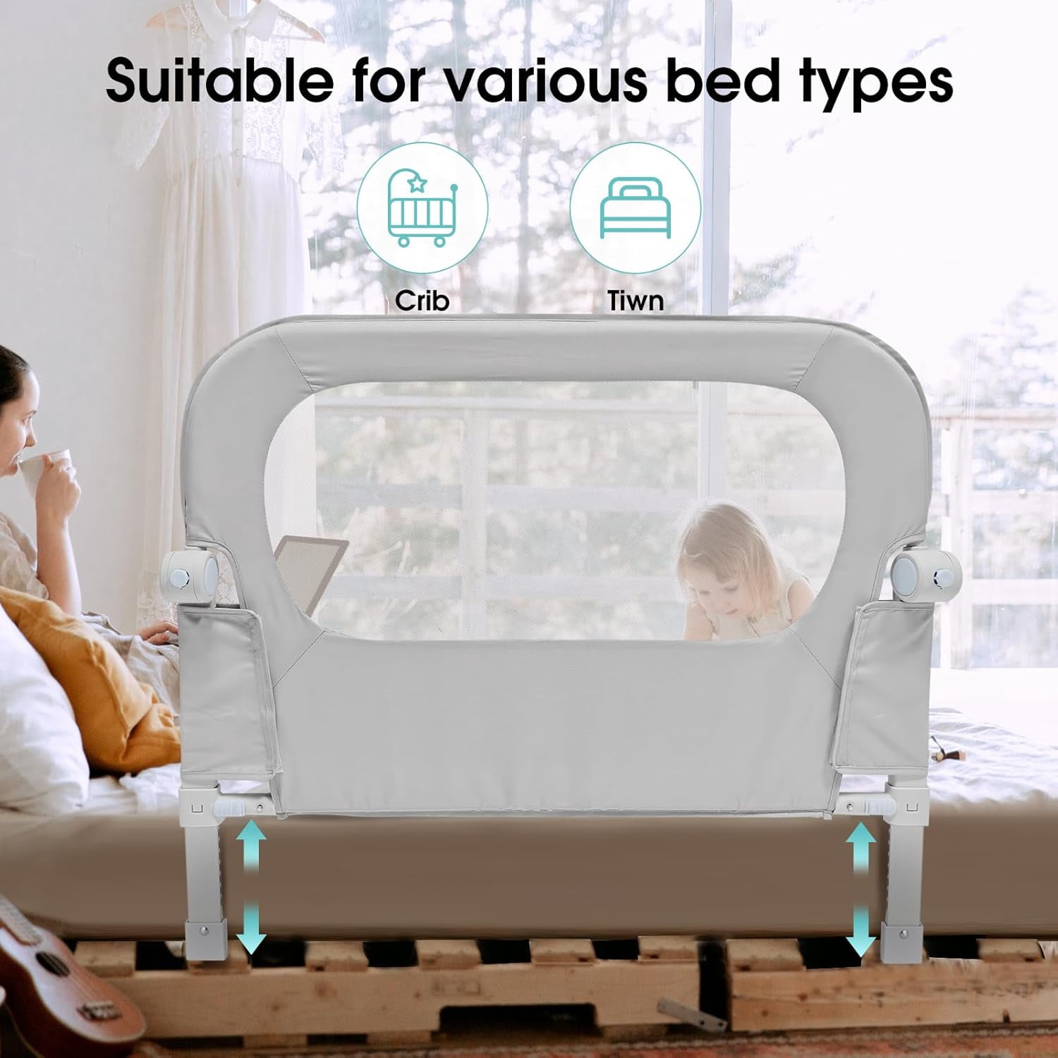 Baby Bed Rail Guard for Toddlers - 47" Toddler Bed Side Rails for Twin, Full, Queen Bunk Size Bed Swing Down Bedrail Extral Tall Child Safety Side Railing Guards for Kids