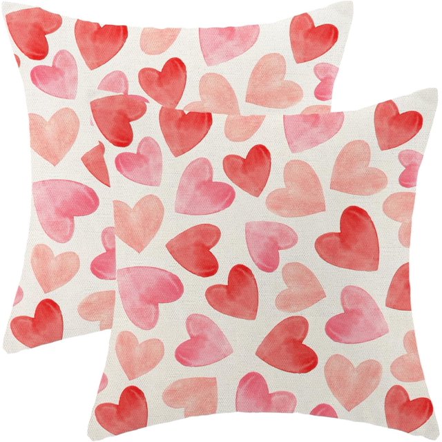Housses de Coussin de la Saint-Valentin 18x18 Ensemble de 2, Cœurs Rouges et Roses Aquarelle Coussins en Lin Anniversaire Mariage Décorations de la Saint-Valentin pour Maison Canapé Extérieur