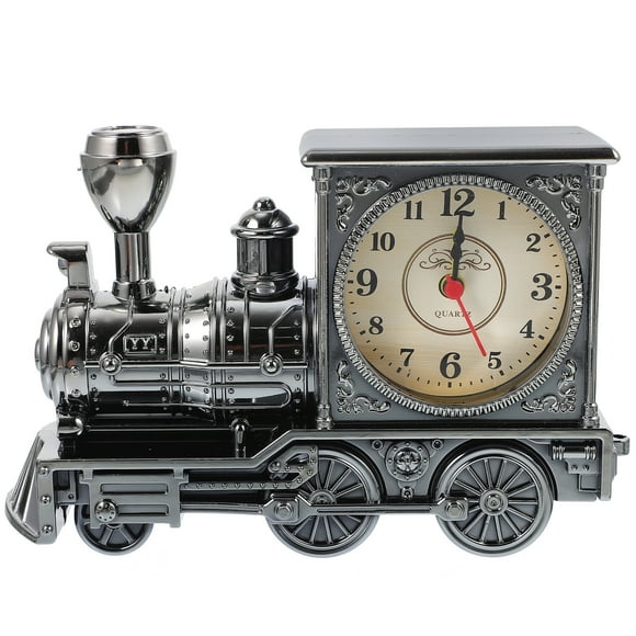 Reloj despertador con forma de locomotora antigua, modelo de plástico, decoración creativa para escritorio (Gris)