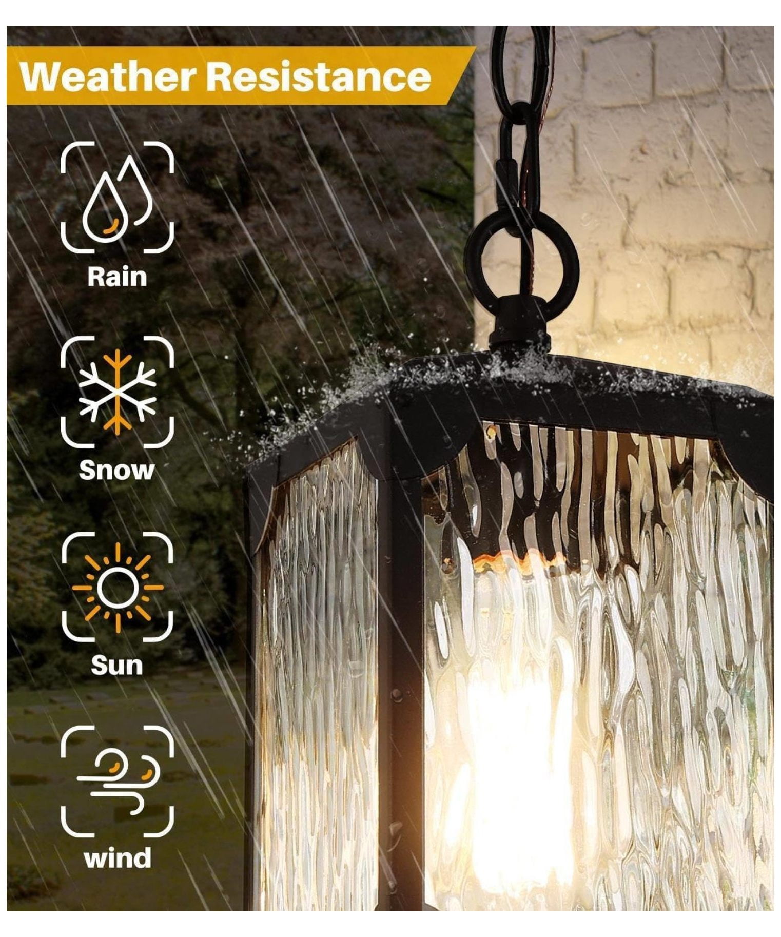 Outdoor Pendant Light Fixture, Farmhouse Exterior Lights, Anti-Rust Ceiling Outdoor Light with Water Ripple Glass, Square Hanging Lantern for Front Door, Entry, Porch, and Gazebo