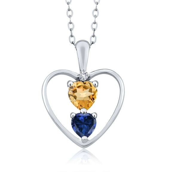 925 Sterling Silver Yellow Citrine Blue Created Sapphire and White Created Sapphire Pendant Necklace for Women (0.97 Cttw, Gemstone November Birthstone, Heart 5MM and 4MM, with 18 inch Silver Chain)