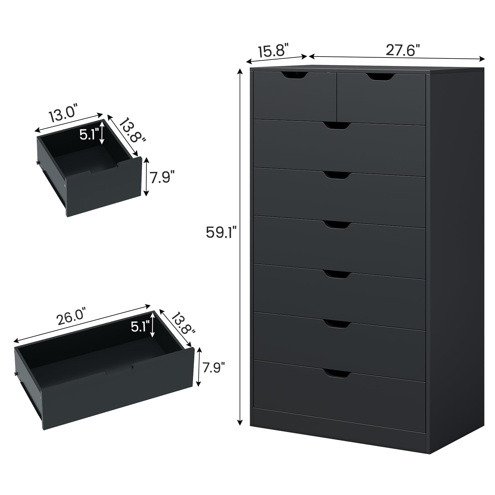 Toogaho Tall 8 Drawer Dresser, Modern Chest of Drawers for Bedroom,Closet Dressers with Drawers for Living Room Entryway,Black Vertical 8 Drawer Dresser
