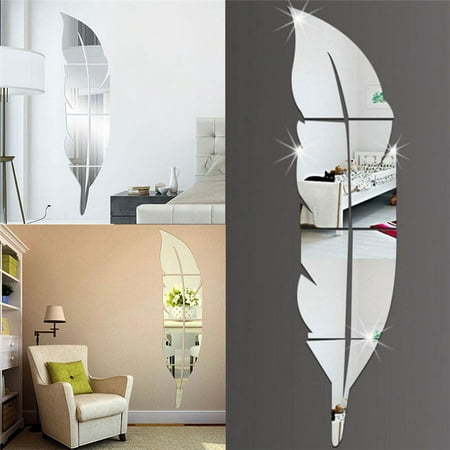 3D DIY Mirror Wall Sticker ,Modern Feather Mirror ...
