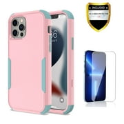 Apple iPhone 12 Pro Max Case with Screen Protector , for iPhone Series Rugged Rubber Durable 3 in 1 Cover , Phone Case for Girl Men Women Cute (Pink+Teal)