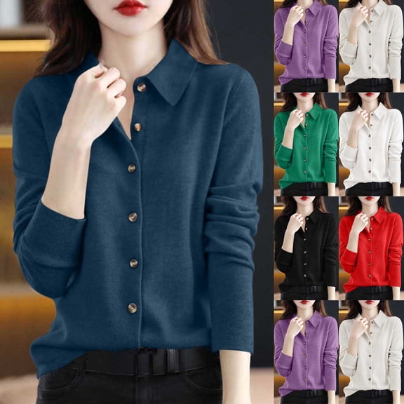 Women's Solid Color Button Down Collar Long Sleeve Sweater Tops Shirts Blouses Crewneck Loose Fit Casual Work Office Travel Fashion Essential Gift for Women | CSEONE,Beige L