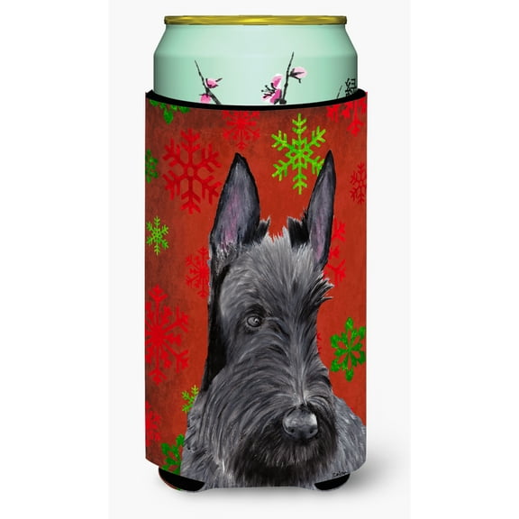 Scottish Terrier Red and Green Snowflakes Holiday Christmas Tall Boy Hugger