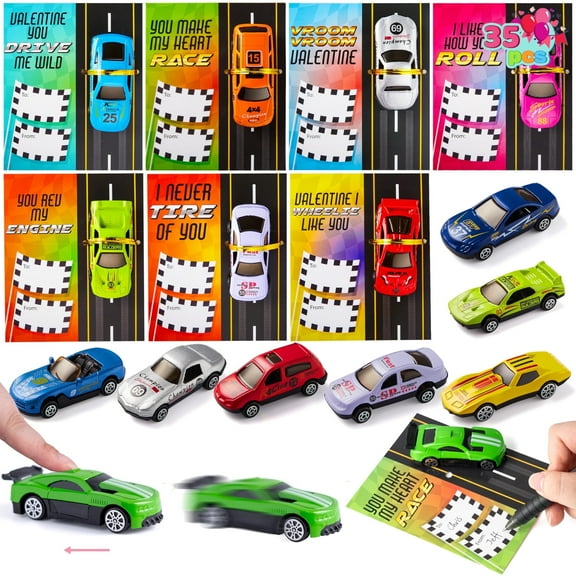 Joyfy 35 Packs Valentines Day Cards with Die-Cast Racing Cars, Valentines School Classroom Exchange Cards for Kids Boys, Vehicle Party Favors Toys