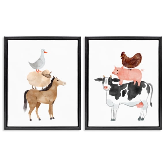 Stupell Industries Whimsical Farm Life Stacks 2 Piece Black Framed Floater Canvas Set, design by Kim Allen