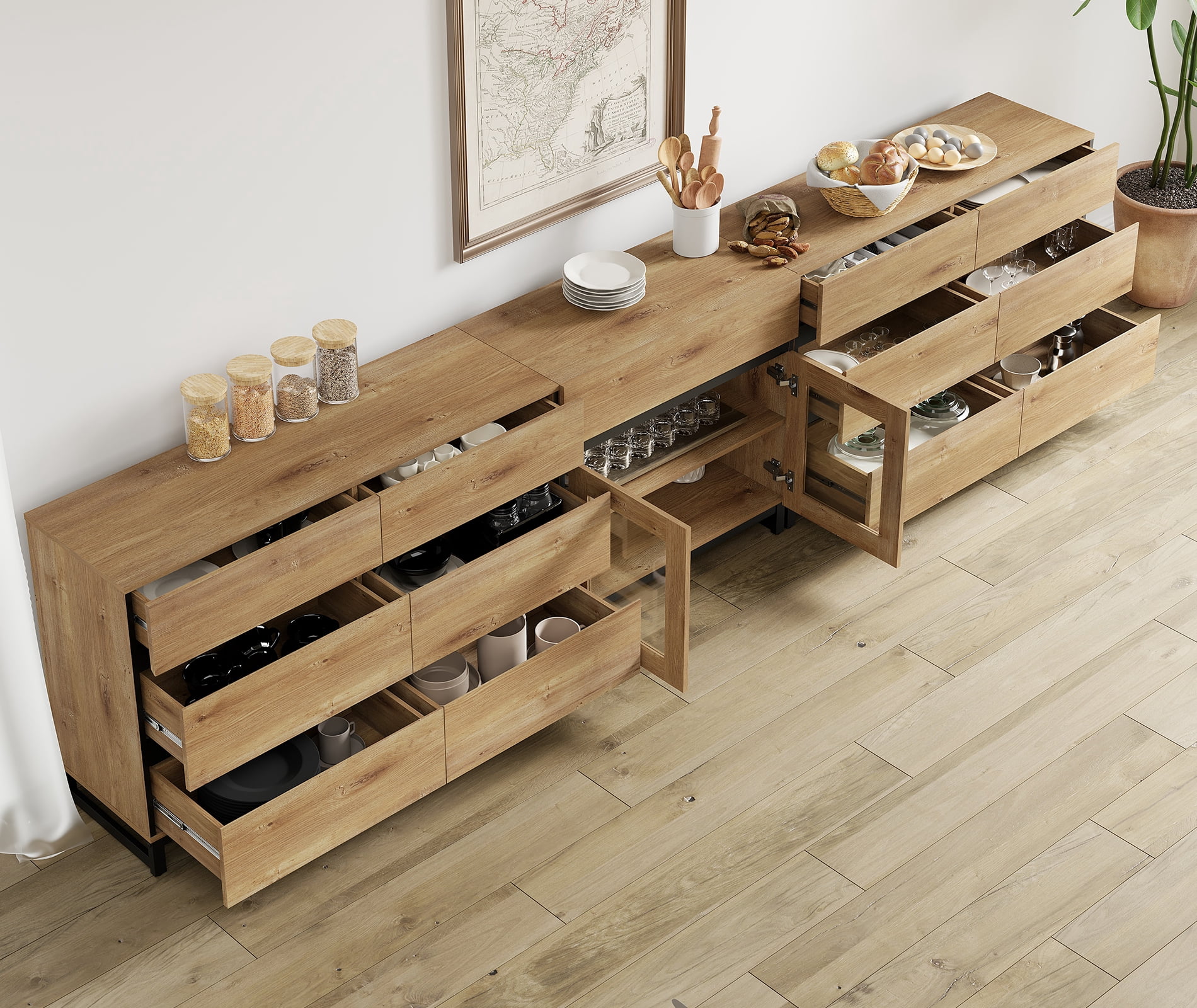 3 In 1 Multifunctional Chest of Drawers, Glass Door Dresser with 13 Drawers and Adjustable Shelves, Home Storage Cabinet Organizer for Bedroom,Oak